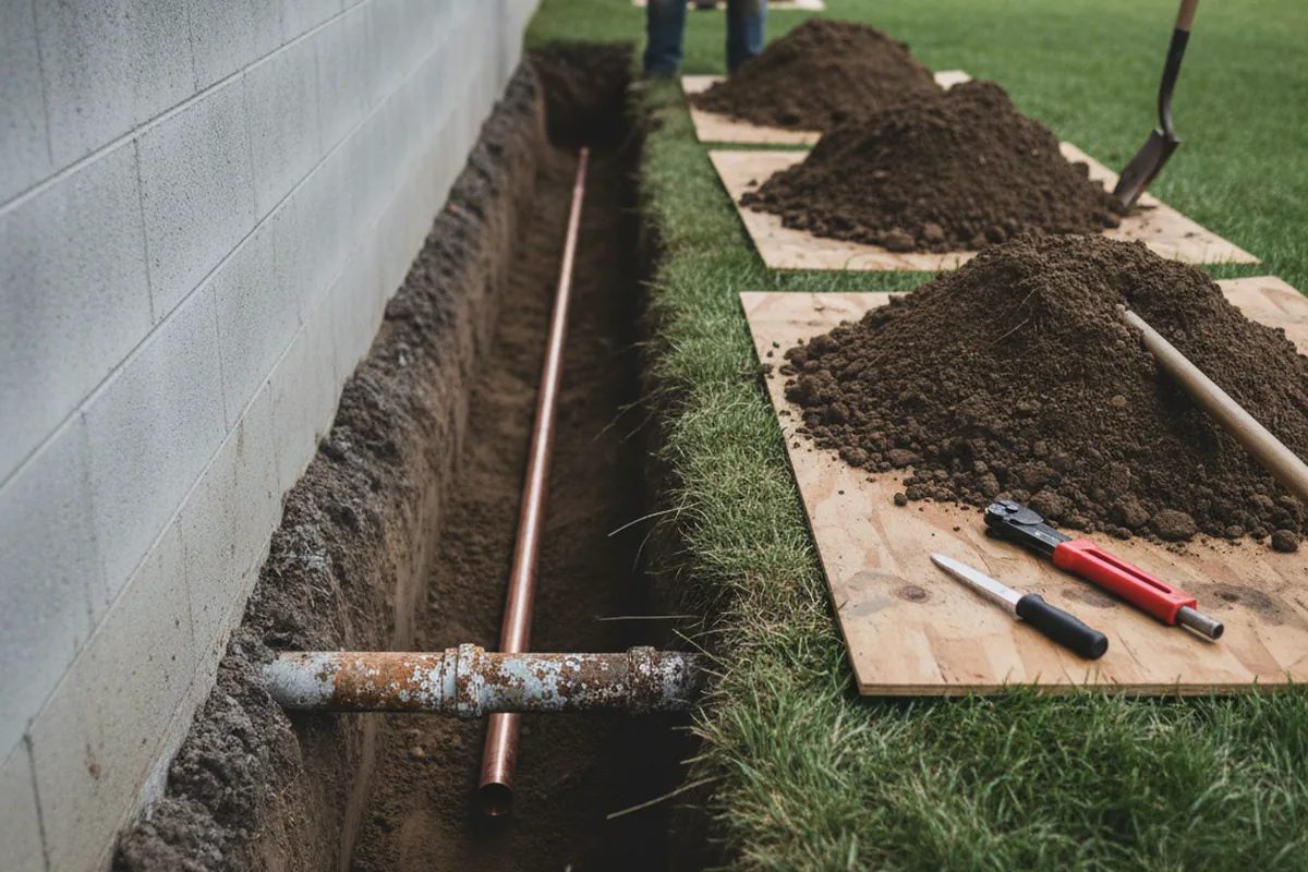 Excavated water line trench during Water Softener Installation in Lanagan